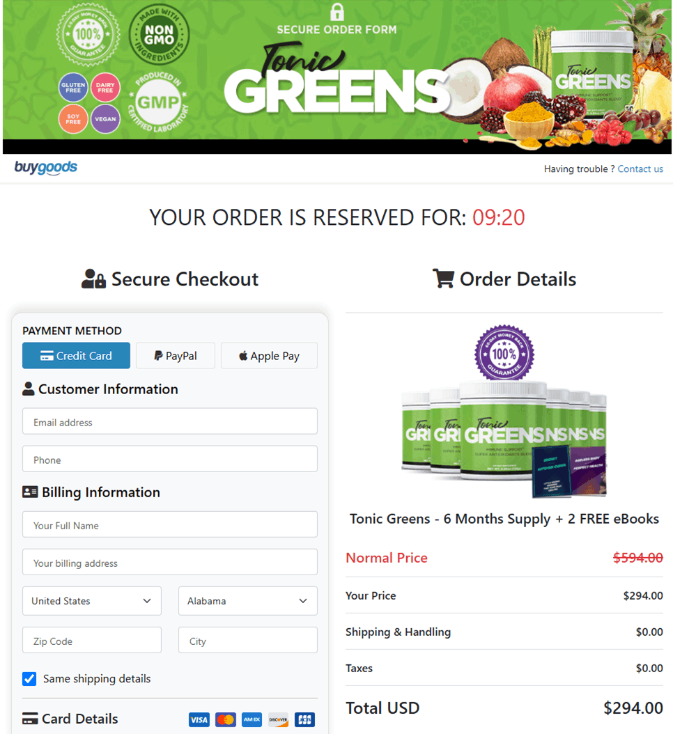 Tonic Greens Checkout